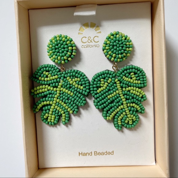 C&C Tropical Earings Beaded Monstera Leaf Plantita Earings - Picture 3 of 3